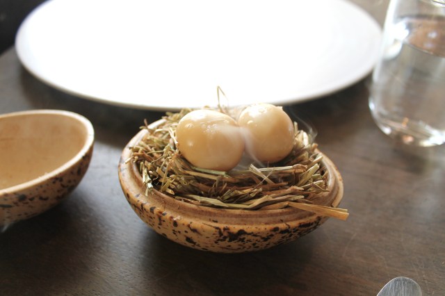 Pickled and smoked quail's egg